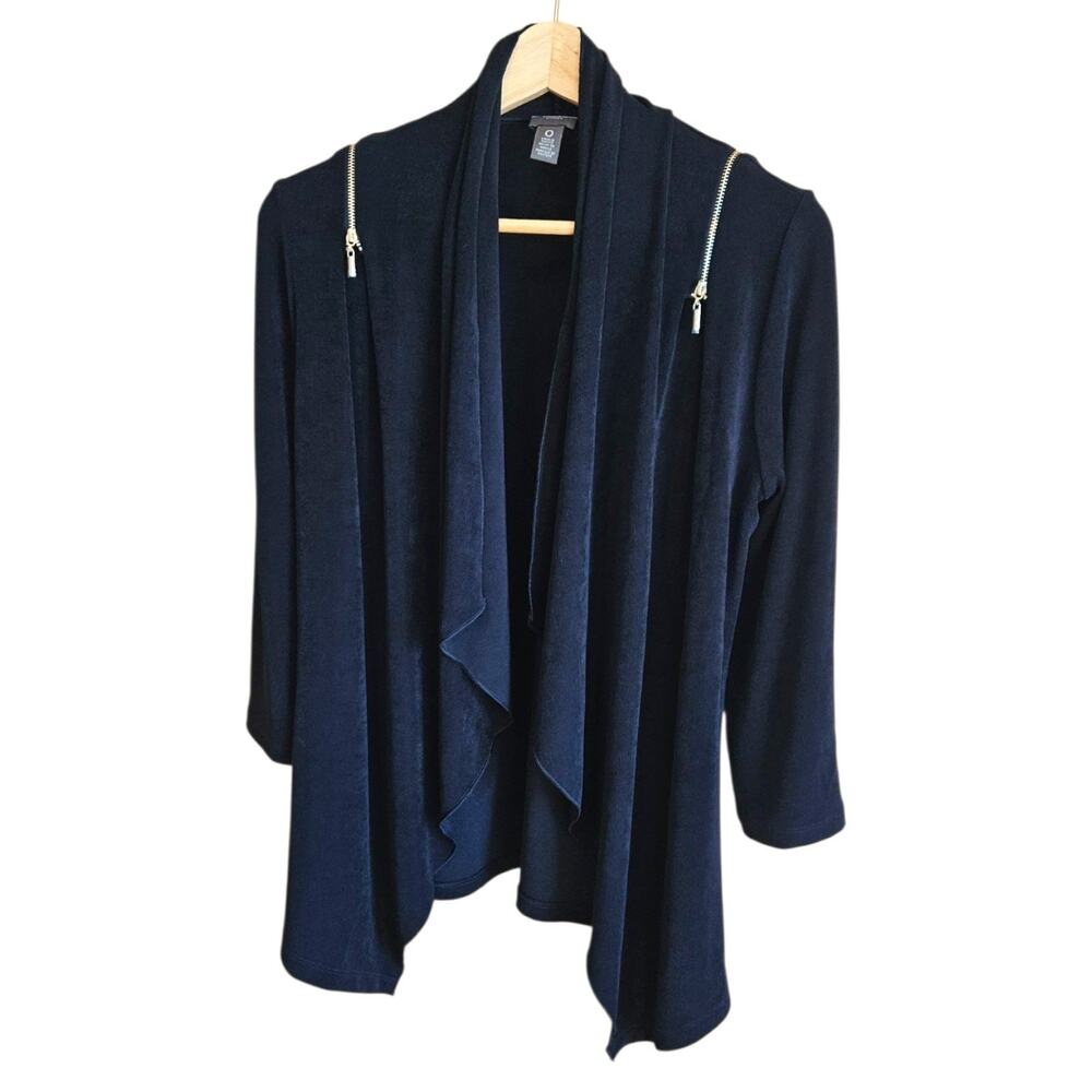 Chico's Travelers Cardigan Womens Small Navy Waterfall Open Front Zip Shoulder